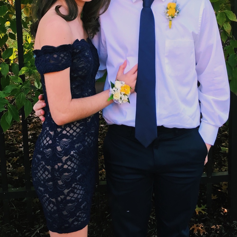 navy blue lace off the shoulder dress